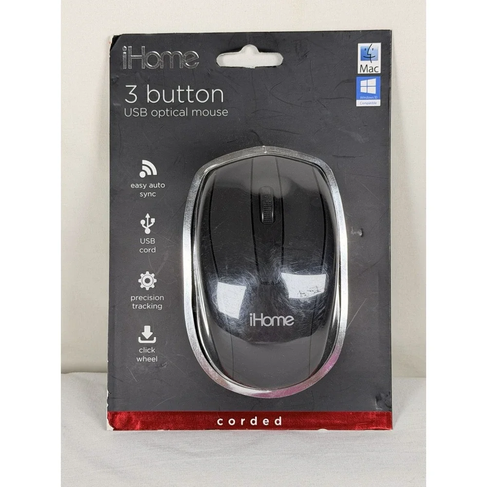 iHome 3 Button USB Optical Mouse Black Corded PC Mac NEW